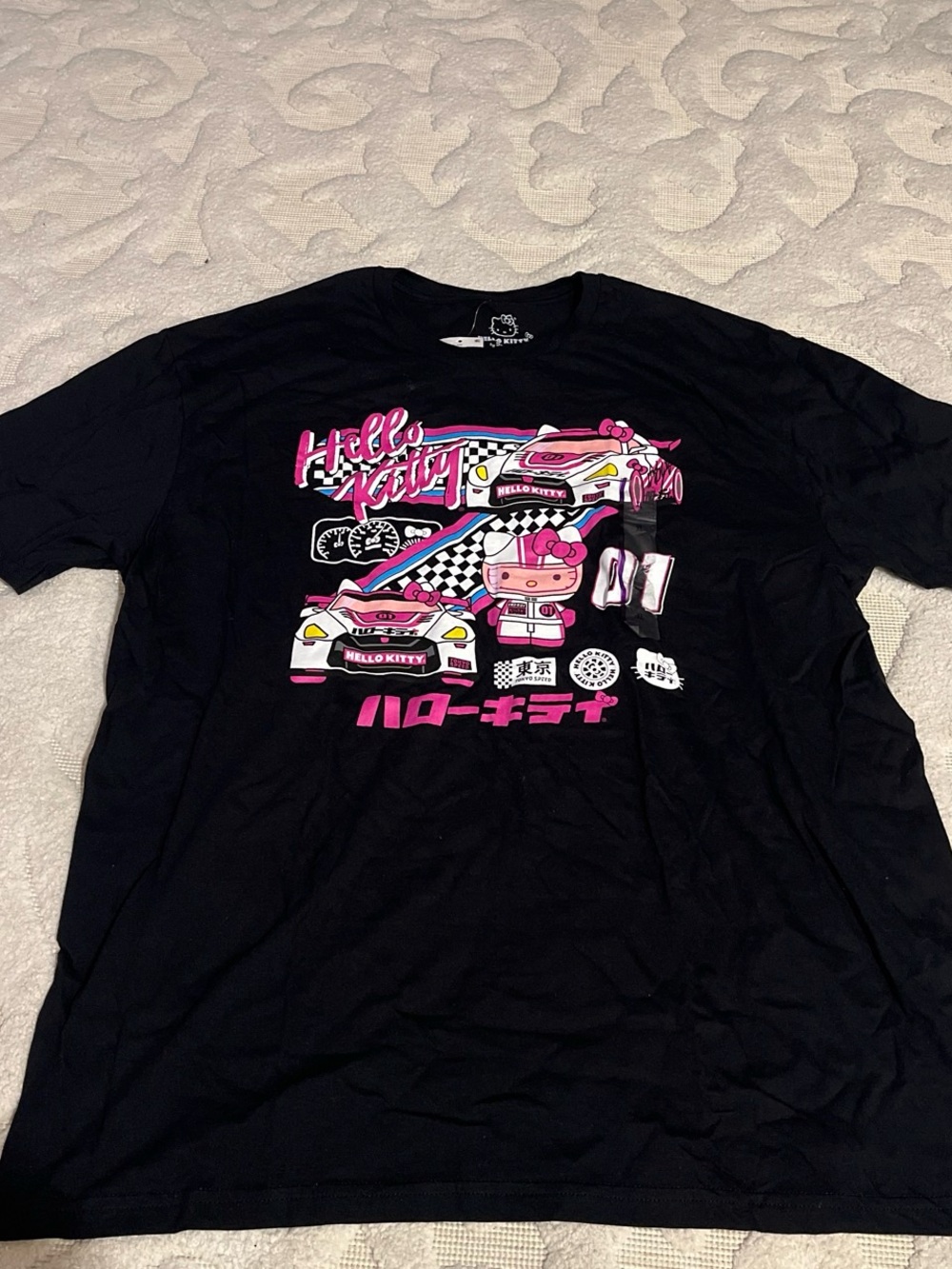 Hello Kitty Black Oversized Graphic Tee for Kids - Pink & White Racing Design